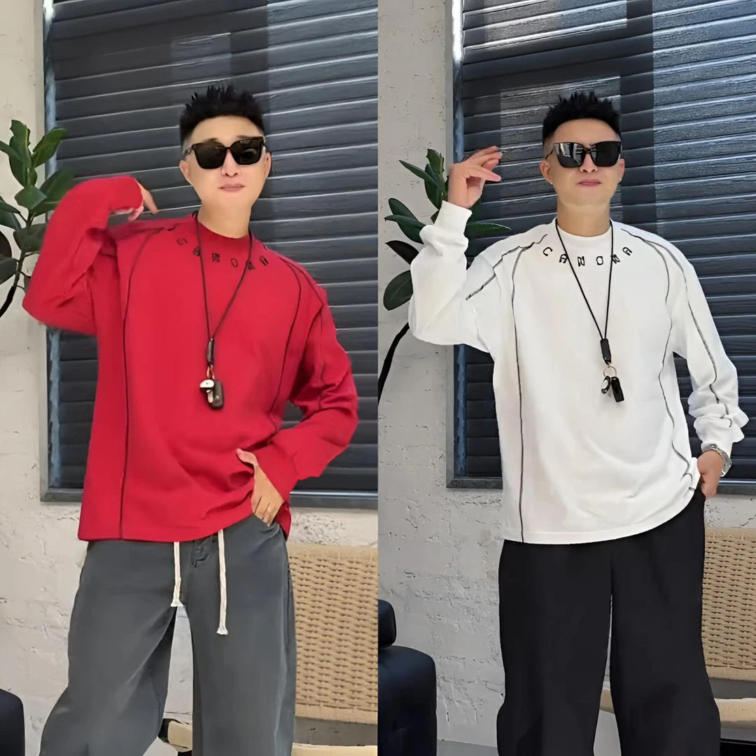 秋季新款时尚休闲撞色字母刺绣明线设计感小众纯棉舒适男长袖T恤