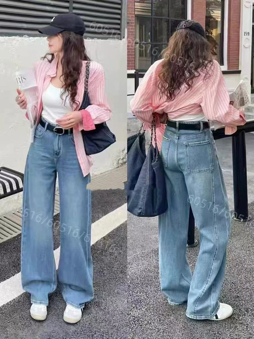 59405 蓝色直筒宽松时尚春游弯刀牛仔裤