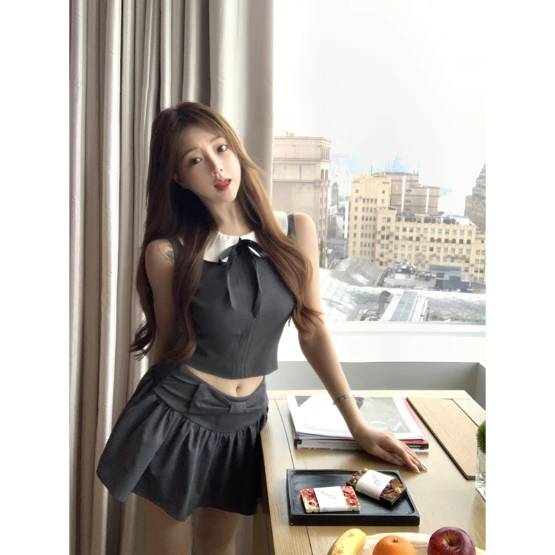 miu系学院风气质套装女夏季撞色娃娃领短款马甲上衣高腰A字半身裙