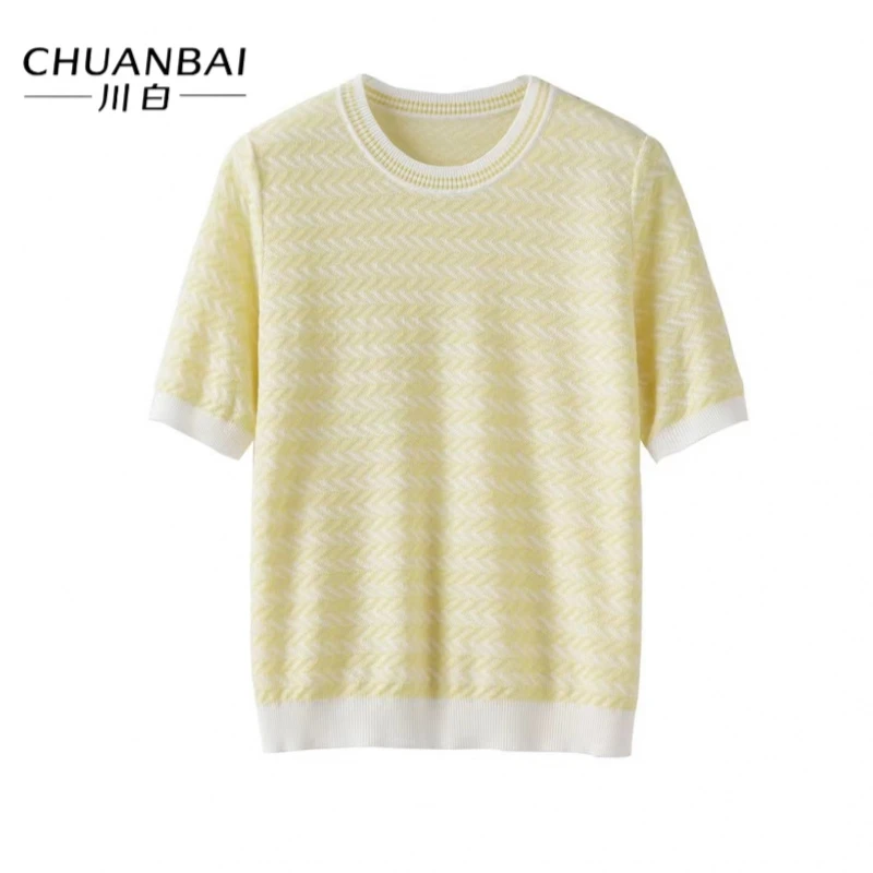 CHUANBAI 川白春季新款桑蚕丝圆领撞色短袖时尚百搭条纹针织衫