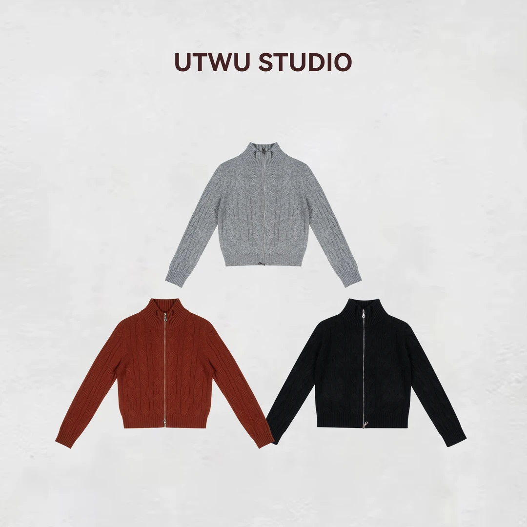 UTWU小敏 1oo绵羊毛双拉链针织绞花毛衣开衫KYA3M0612