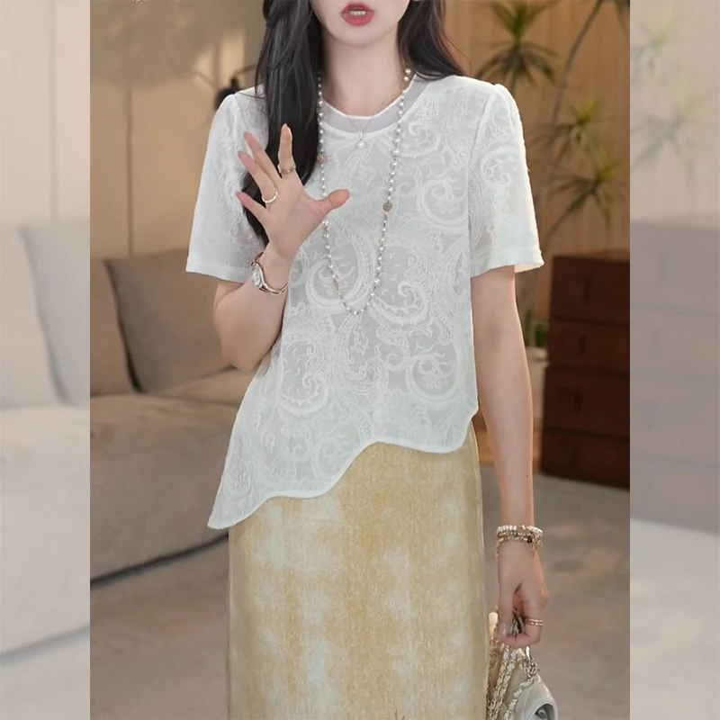 显瘦设计感网纱上衣夏季薄款胖MM大码女装气质圆领刺绣短袖T恤女