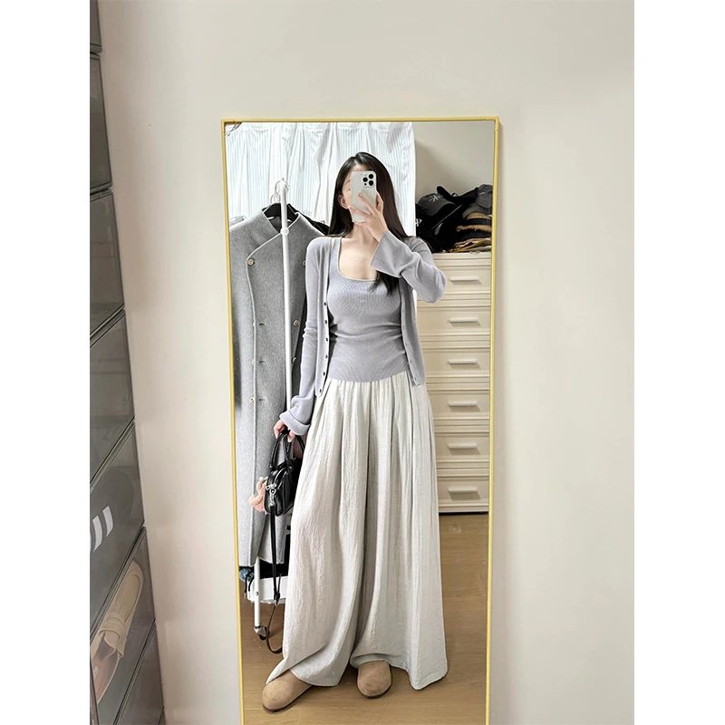 MARIE.COCO韩系穿搭灰色吊带背心针织开衫上衣高腰垂感显瘦休闲裤