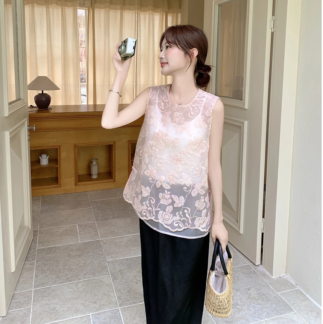 粉黑温柔风减龄文艺范套装裙女2025夏季新款刺绣背心半身裙两件套