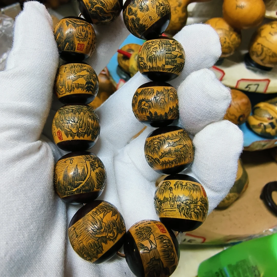 雅青阁葫芦万里山河图手串葫芦手工雕刻针刺针刻墨刻文玩把玩葫芦