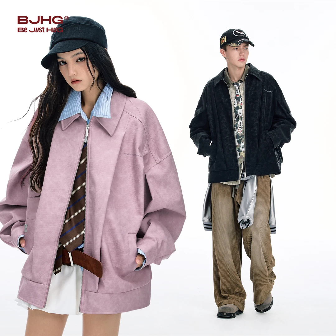 林秋楠同款BJHG鳄鱼纹PU皮休闲夹克外套男秋美式复古设计感皮衣女