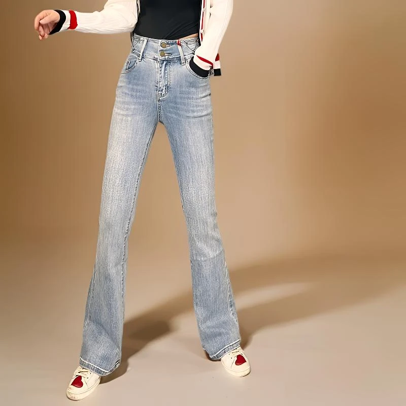春秋经典时尚复古微喇叭弹力女士牛仔裤6653