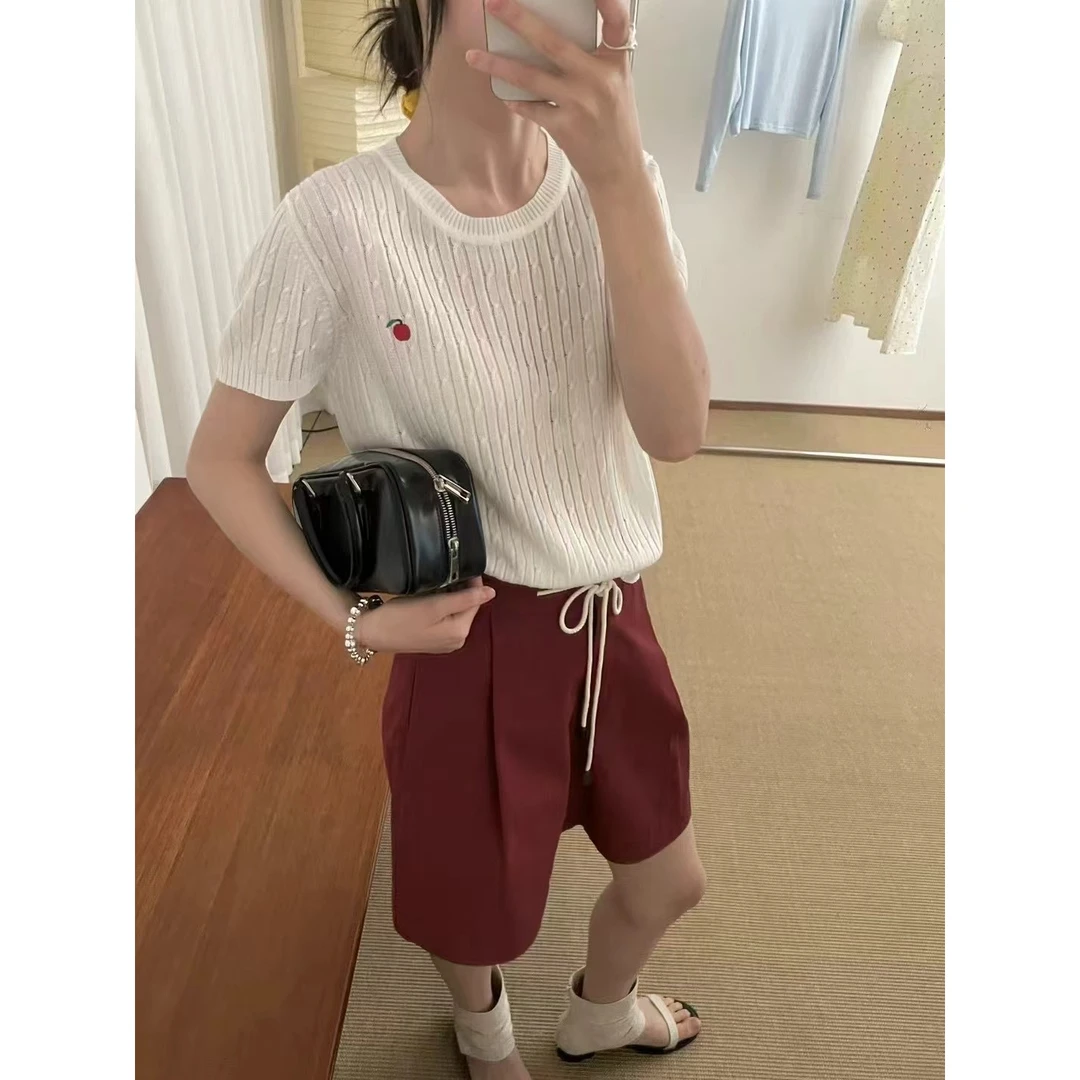 L-19156#『10%亚麻10%蚕丝』韩系温柔甜美刺绣针织短袖上衣（福利