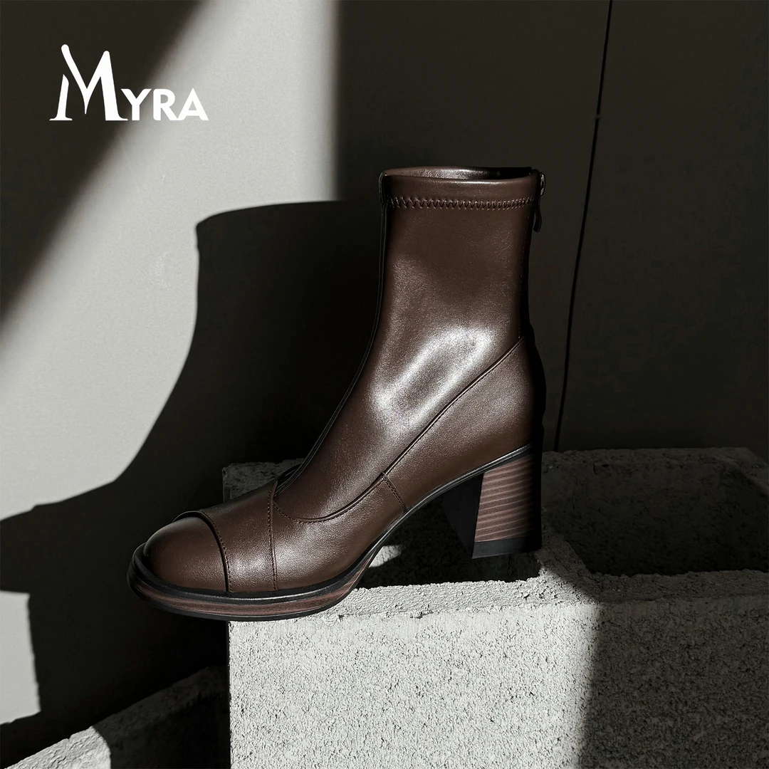 法式圆头拼接粗跟后拉链弹力靴女简约增高瘦瘦靴通勤气质高跟短靴