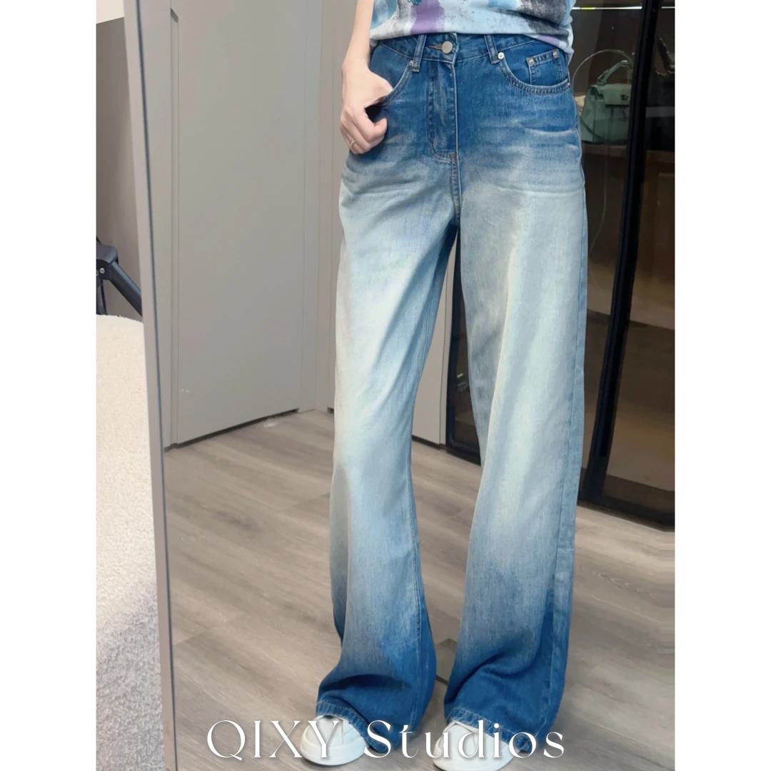 Qixiaoyaoo 【冰川涟漪】夏季美式复古渐变高腰直筒牛仔裤