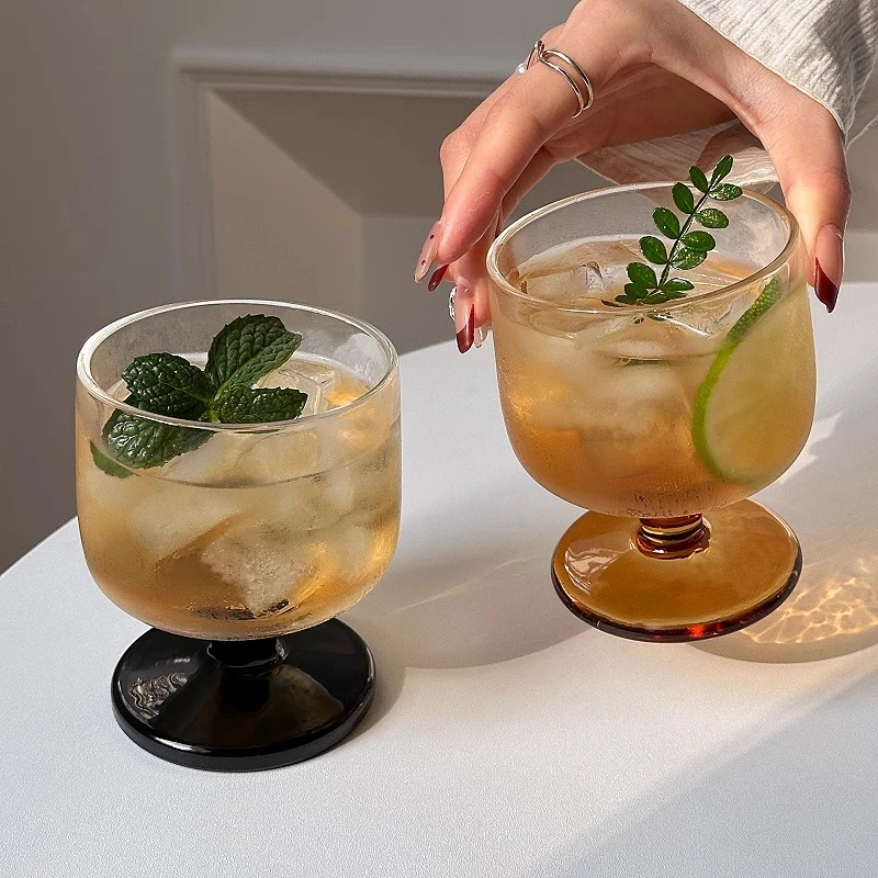 ins复古简约果汁饮料杯高颜值玻璃杯小众咖啡杯圆墩矮脚冷饮水杯