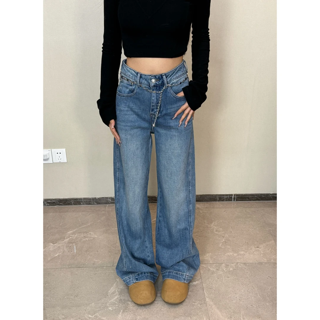 【七柒同款】2025春季新款高腰显瘦烫钻洋气百搭直筒牛仔裤