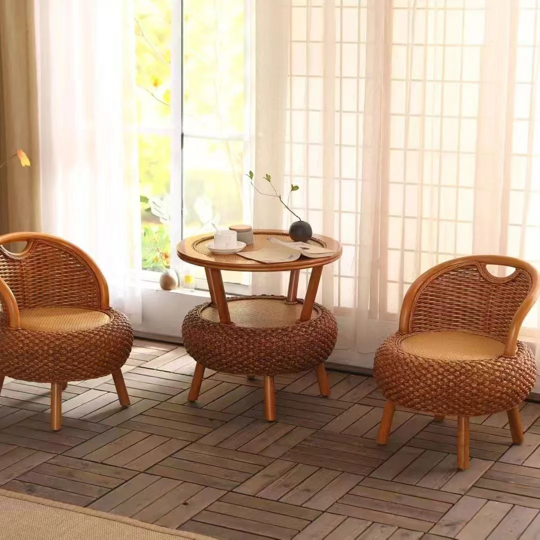 L33阳台藤椅三件套藤条编织南瓜椅藤椅茶几圆形藤编老人休闲座椅