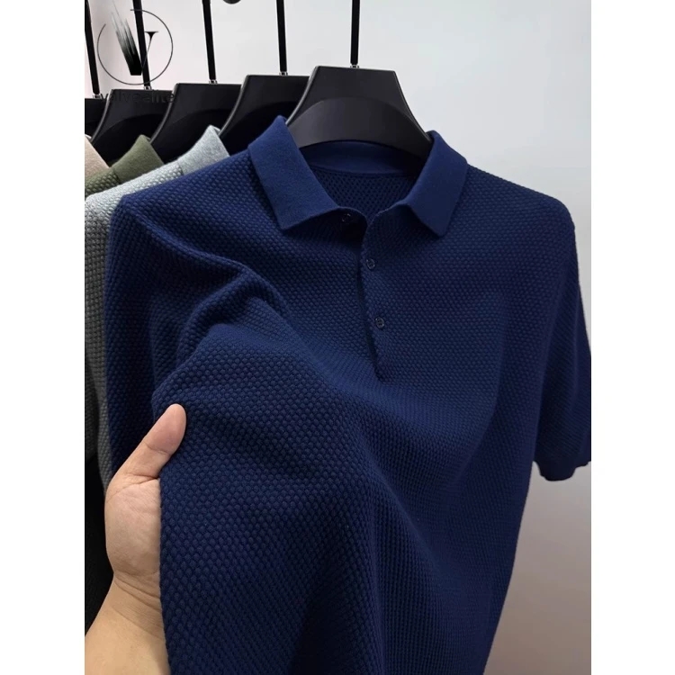 【父亲节礼物】夏季菠萝纹针织短袖t恤男翻领新款polo衫半袖上衣服