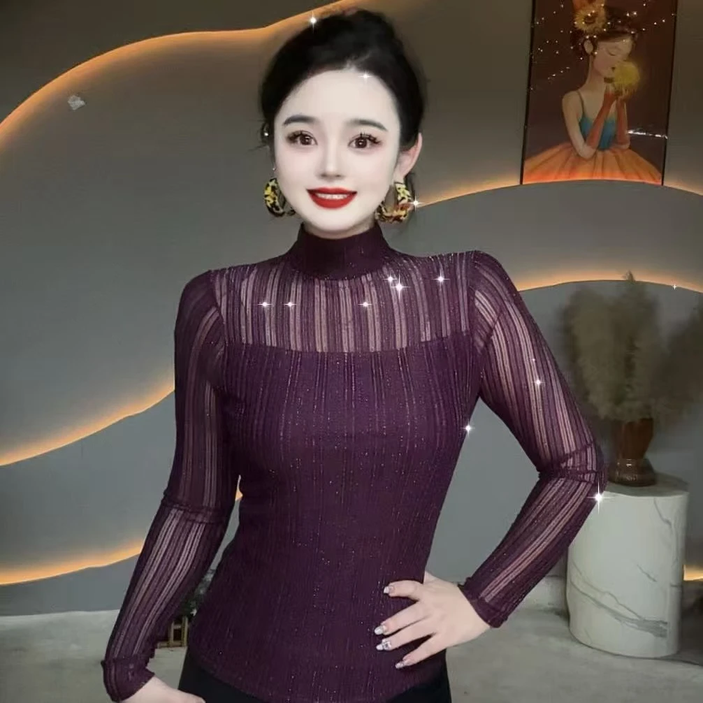 【隐隐】新款半高领网纱打底衫女修身竖条纹亮丝性感女装T恤小衫