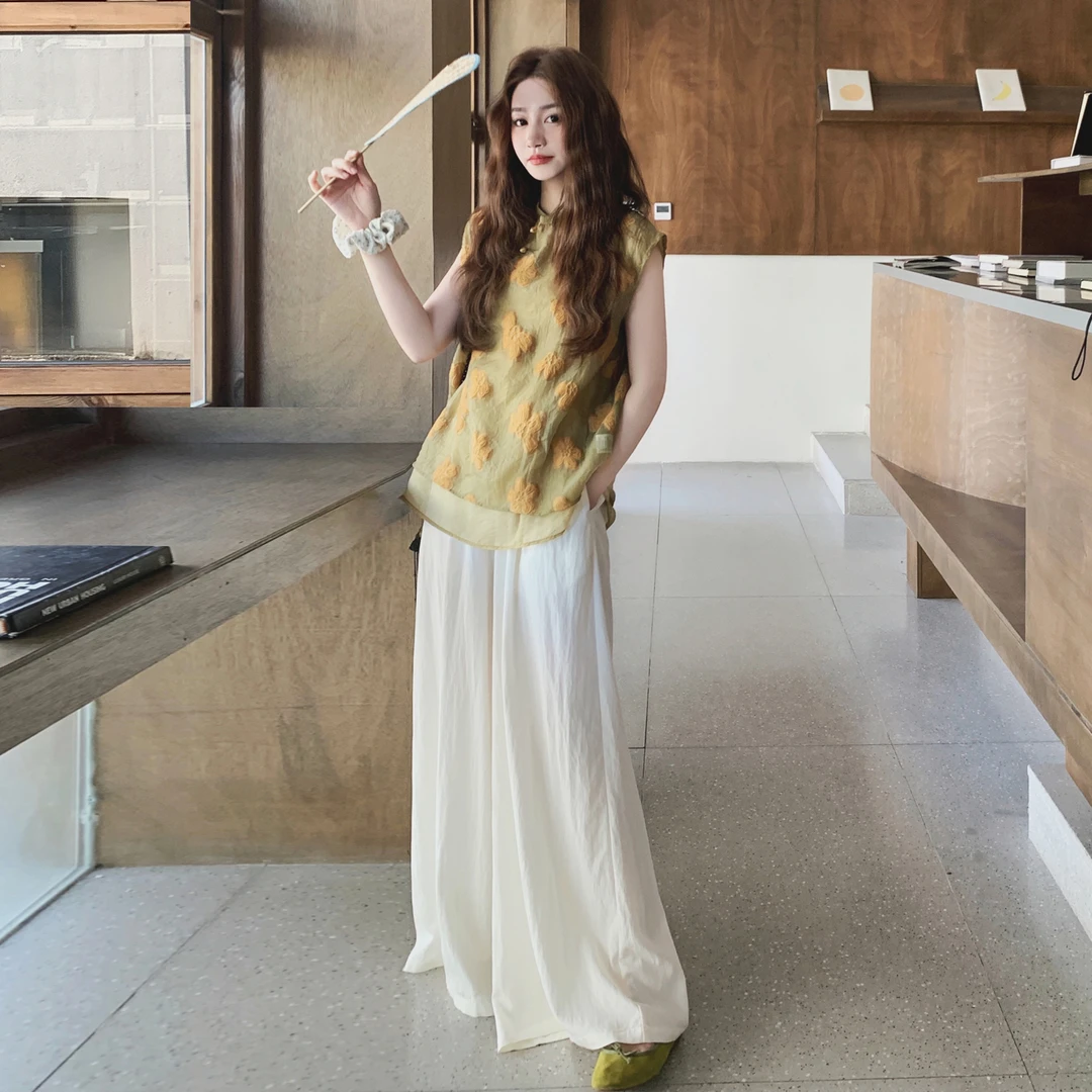 欧货新中式盘扣上衣套装女夏2025年新款百搭高腰白色阔腿裤两件套