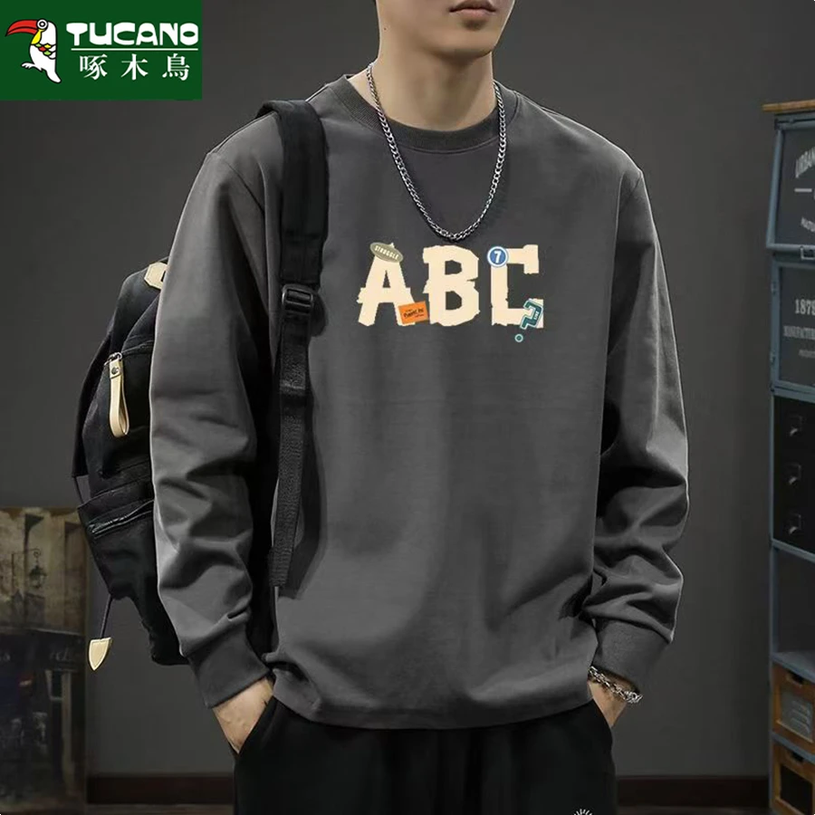 啄木鸟男士春秋纯棉长袖t恤男圆领大码宽松休闲螺纹袖口打底衫