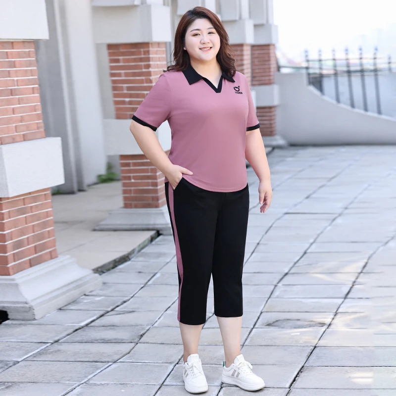 夏季胖妹妹休闲套装大码短袖翻领上衣宽松t恤运动服七分裤两件套