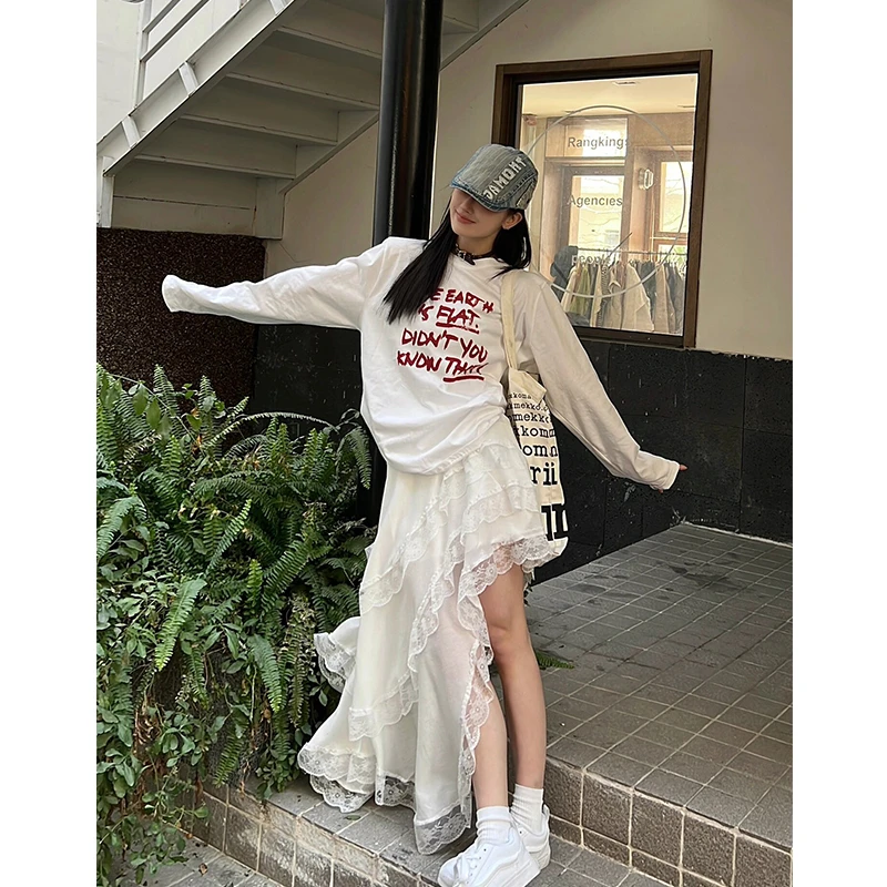 法式仙女裙ins超仙雪纺蕾丝花边半身裙松紧高腰不规则长裙子森系