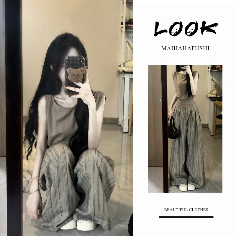 夏季时尚一整套女装2025新款爆款轻熟风通勤无袖上衣阔腿裤两件套