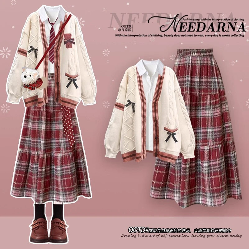 圣诞穿搭学院风毛衣外套裙子巨好看的深秋初冬季miu系红色三件套