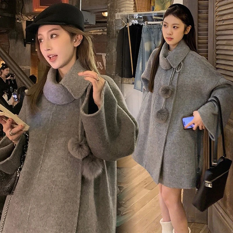 孕妇装秋冬新款百搭温柔气质时尚灰色大衣小个子双面毛呢斗篷外套