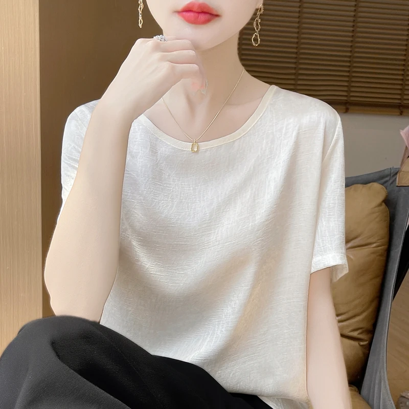 真丝短袖女款爆款2025新款高级感半袖打底衫圆领纯色气质显瘦上衣