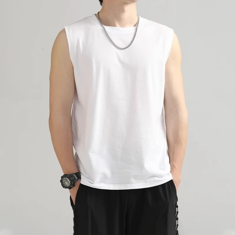 运动背心男士宽松夏季潮牌ins纯色健身无袖坎肩白色打底衫短袖t恤