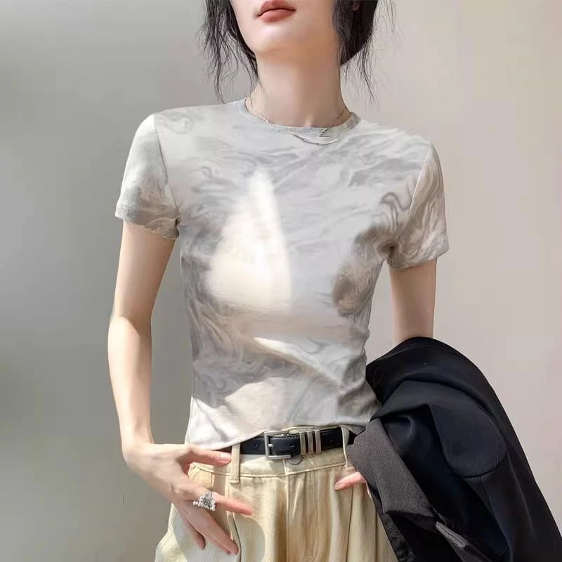 2025夏季新款修身显瘦国风小众正肩内搭上衣女圆领扎染短袖T恤女