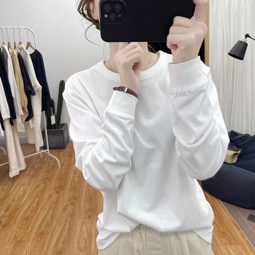 时尚新款圆领长袖修身减龄基础款纯色打底秋装百搭简约纯棉T恤女