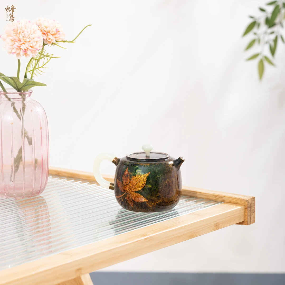 蜂鸟工坊 出口 大漆飘漆枫叶扁桶形小壶 FNN1548