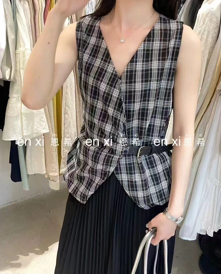 千鸟格格纹纯欲风少女风女装千金风吊带背心黑白复古250g百搭