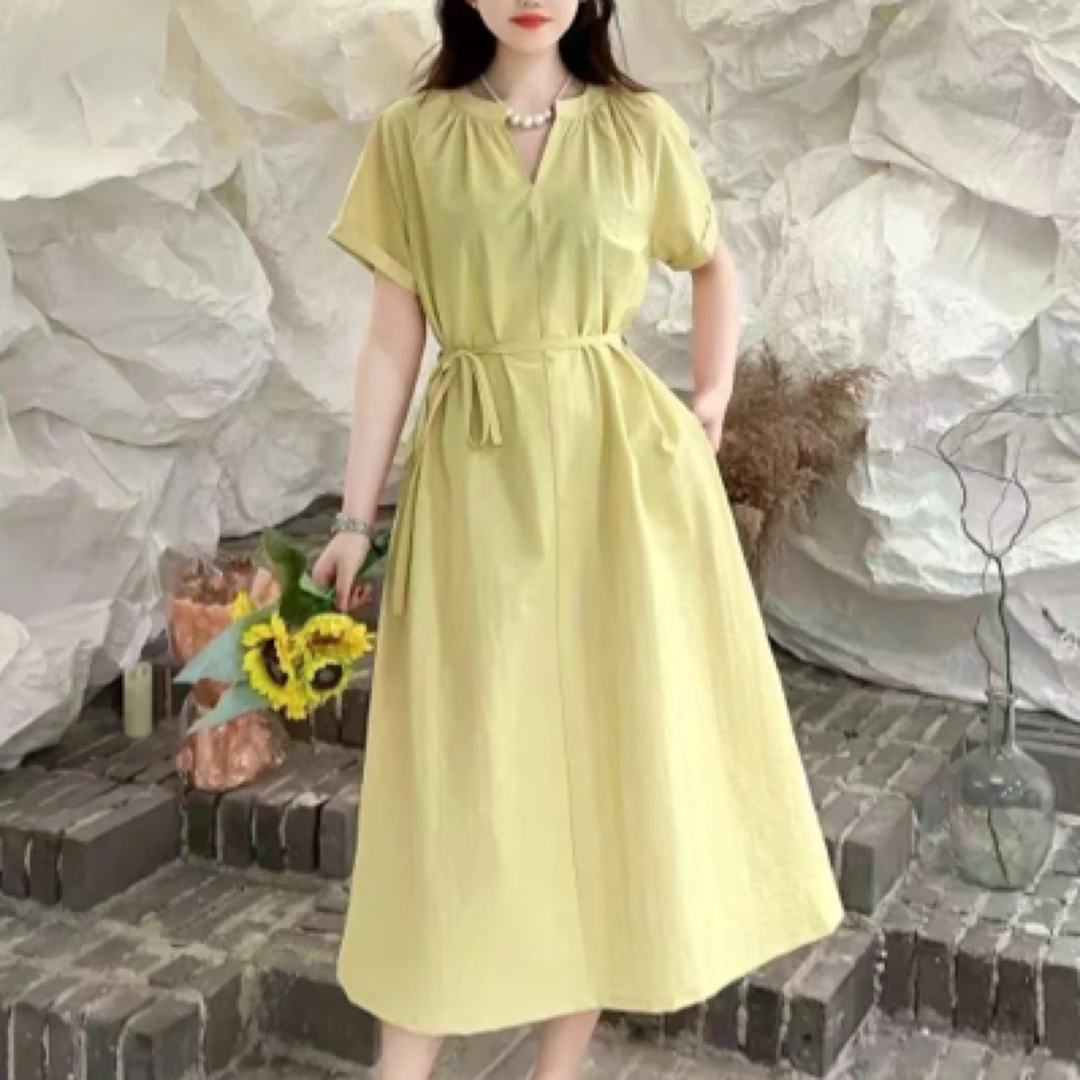 MZ.【瑞莎专属】法式浪漫女士V领短袖连衣裙收腰系带显瘦长裙PYa986