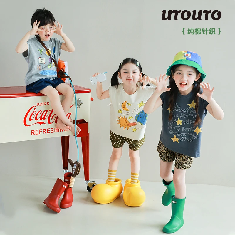 utouto大耳象女童卡通印花落肩T恤2025夏季新款无袖上衣2503751