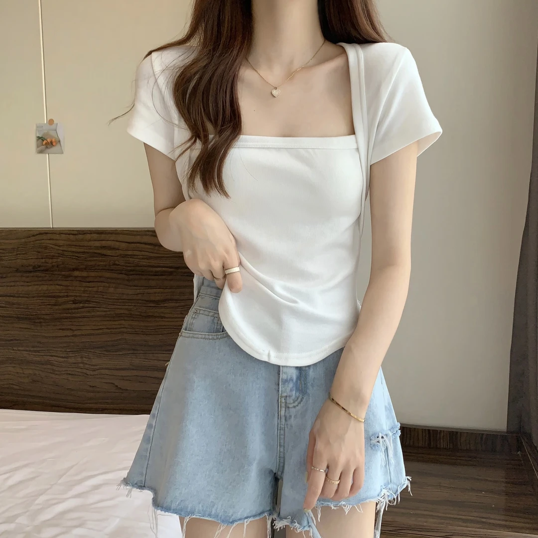 方领短袖T恤洋气衣服女夏季2026新款修身显瘦辣妹纯欲甜美可爱风
