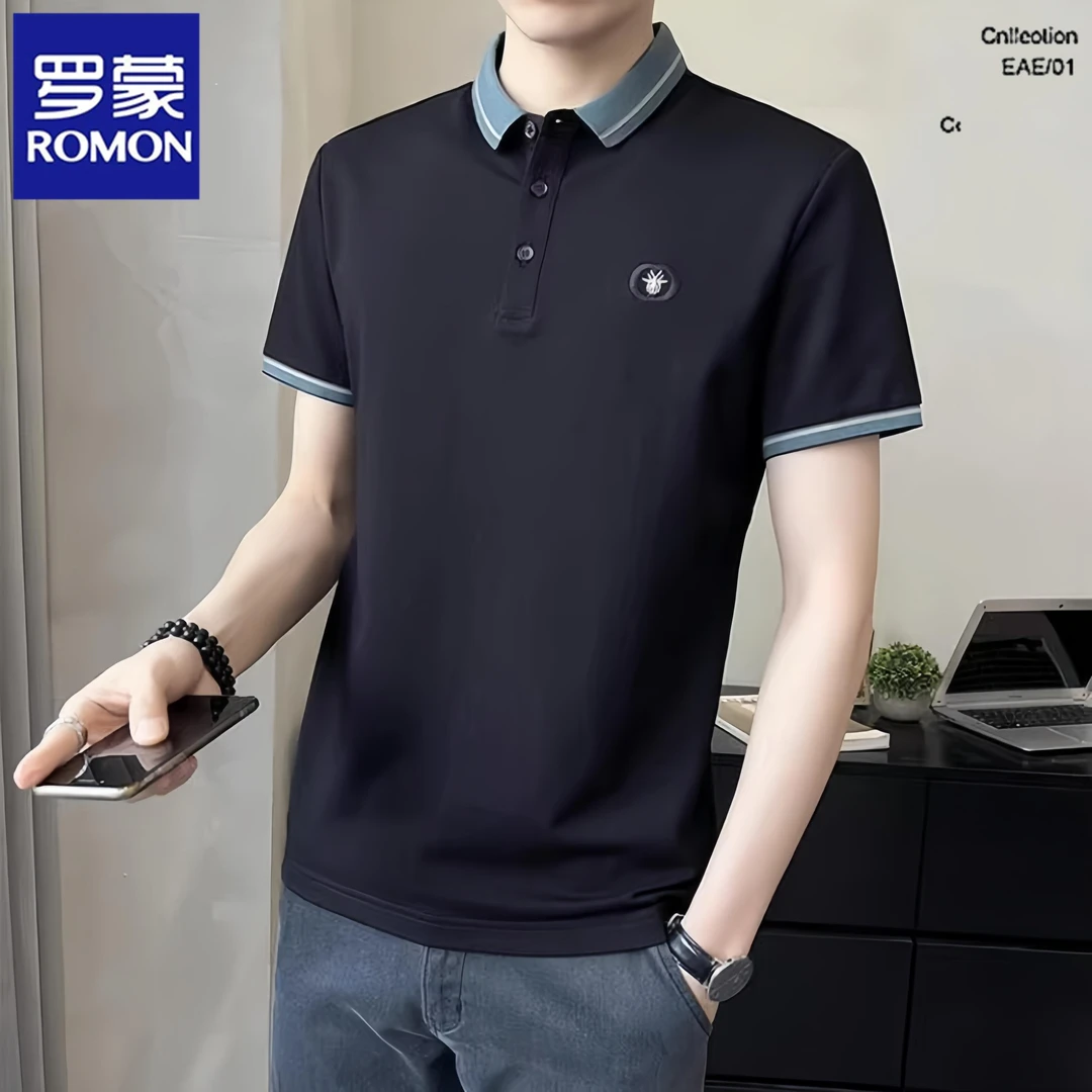 Romon/罗蒙短袖t恤新款商务休闲翻领半袖宽松时尚男士休闲POLO衫