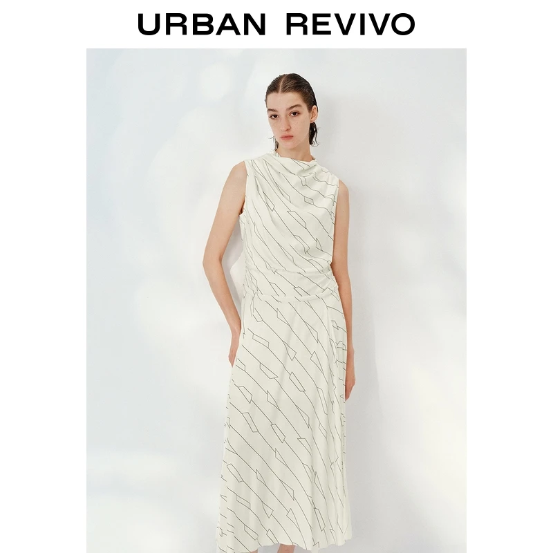 UR2025秋季新款女气质荡领线条图案无袖长裙连衣裙ULG750008