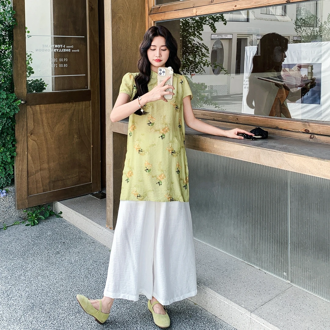 时尚套装显瘦宽松新中式女装印花气质文艺套装短袖夏季复古中国风