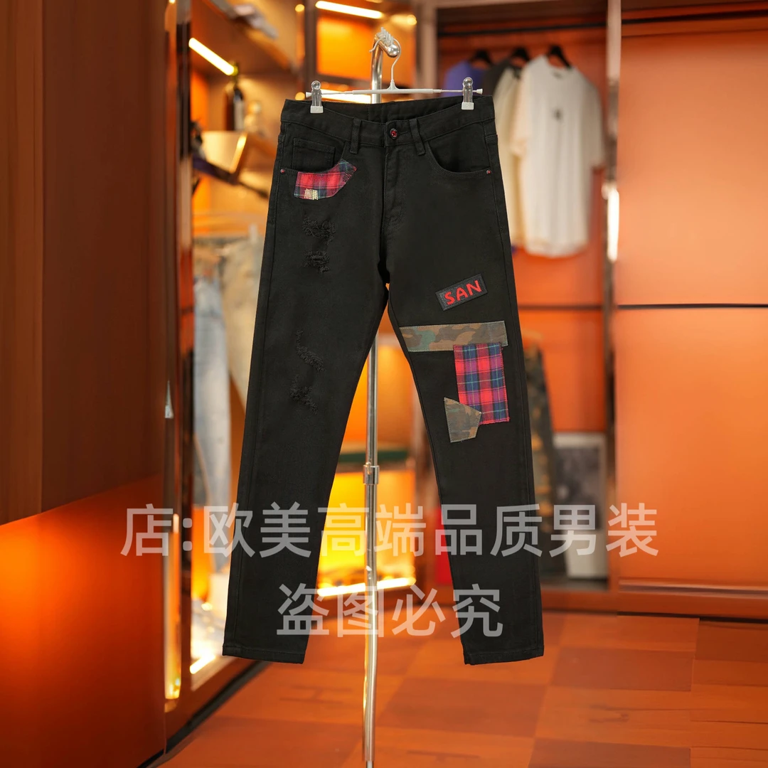 原创设计师高端欧货男士牛仔裤黑色拼接破洞补丁修身弹力休闲潮牌