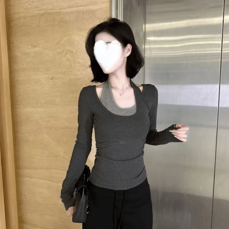 2025早秋新款撞色假两件长袖挂脖设计感修身拼接上衣T恤女
