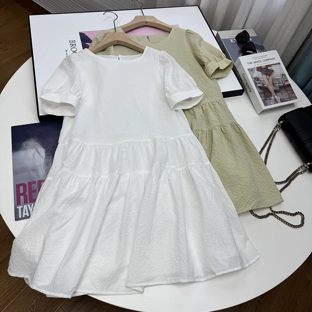 肌理感泡泡纱圆领纯色百搭时尚套头短款连衣裙24158