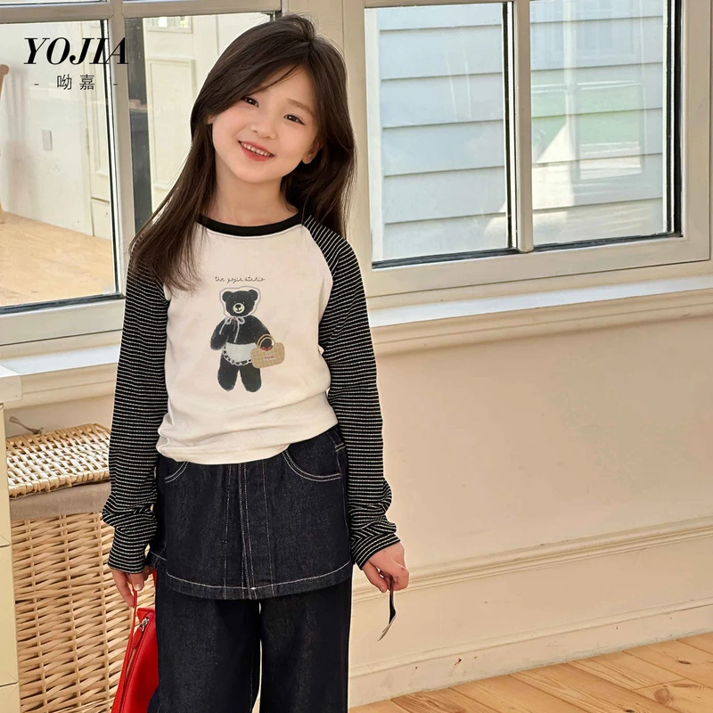 YOJIA儿童打底衫春秋2025新款韩版修身中大童长袖T恤童装女童秋装