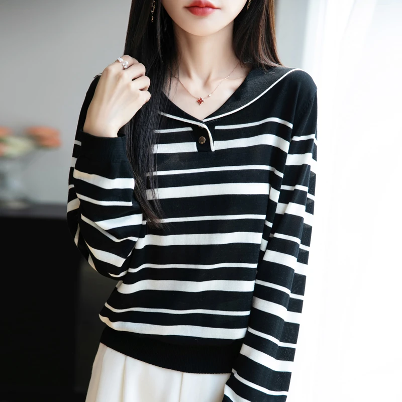 春季新款100%莱赛尔天丝条纹海军V领针织长袖时尚百搭宽松减龄