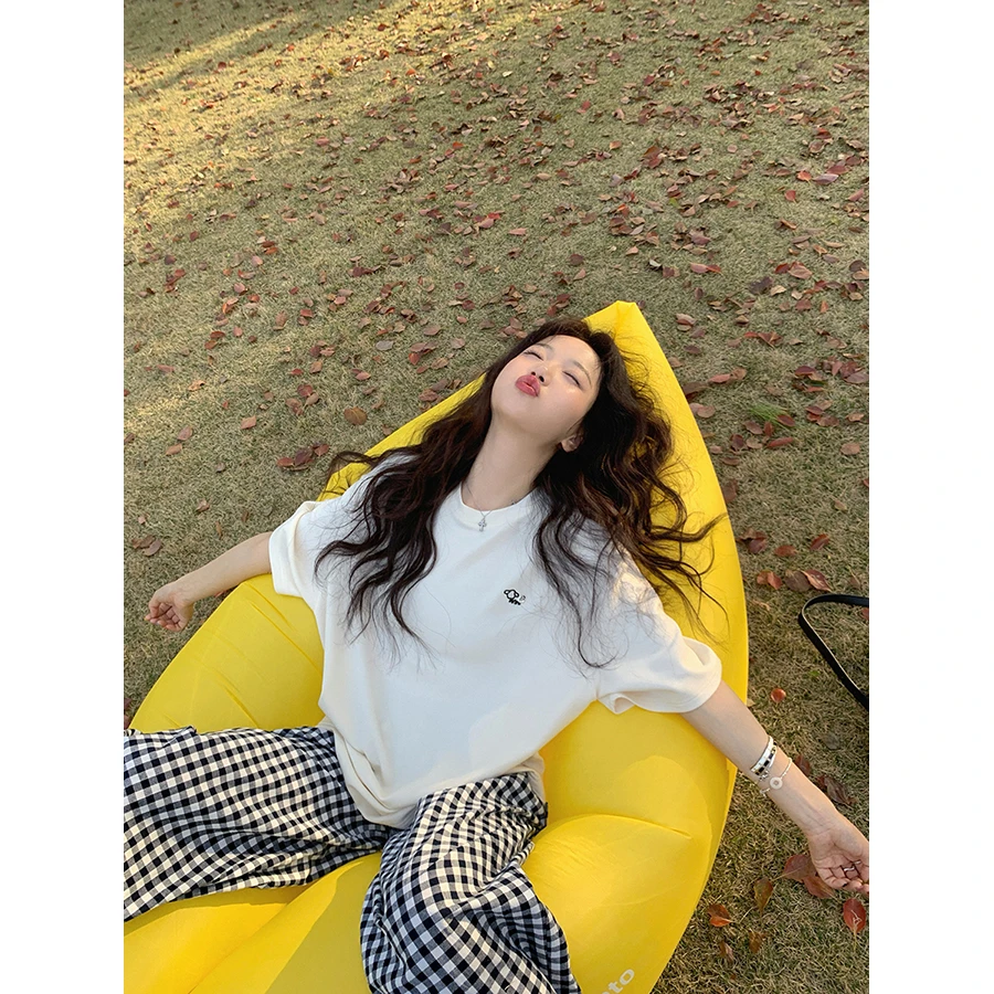 林木木家 凉城有信~ 空气层 撞色小绣花冰氧t宽松显瘦短袖T恤女