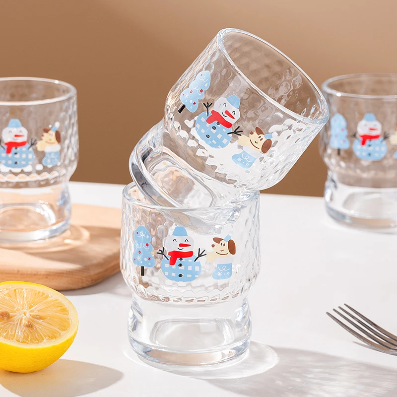 媚家ins风网红雪人贴花玻璃水杯高颜值锤纹牛奶杯可爱卡通咖啡杯