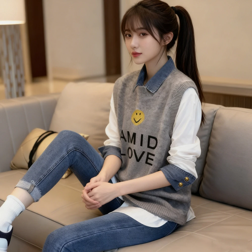 春秋女装复古休闲宽松无袖拼接字母针织马甲+牛仔长袖衬衫套装女