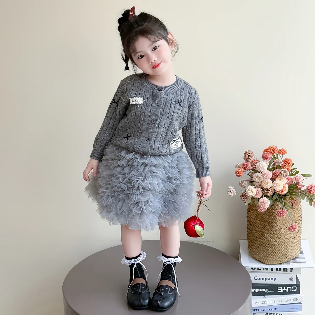 女童针织毛衣开衫2025新款洋气儿童蝴蝶结半身裙小女孩纱裙两件套