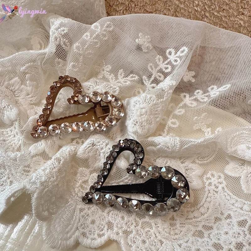 轻奢爱心后脑勺鸭嘴夹刘海碎发夹子侧边夹水钻少女黑色发卡发饰