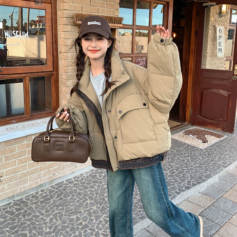 卡其色短款羽绒服女冬季2025新款韩系学院风小个子白鸭绒厚外套