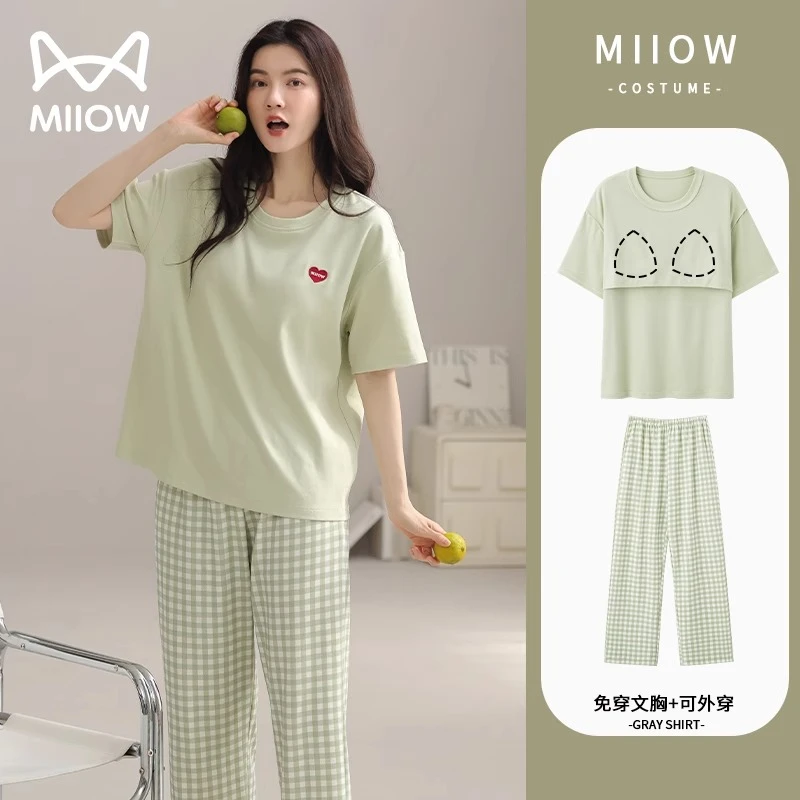 猫人夏季新款纯棉女睡衣带胸垫短袖套装格子款休闲大码女士家居服